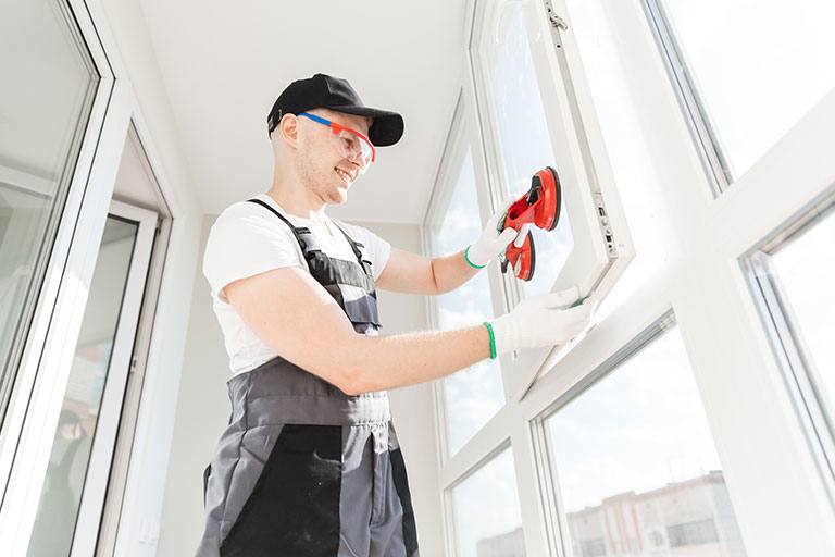 Smiling window installer wearing safety glasses and gloves uses a suction tool to position a window pane in a bright room, showcasing professional window installation services.